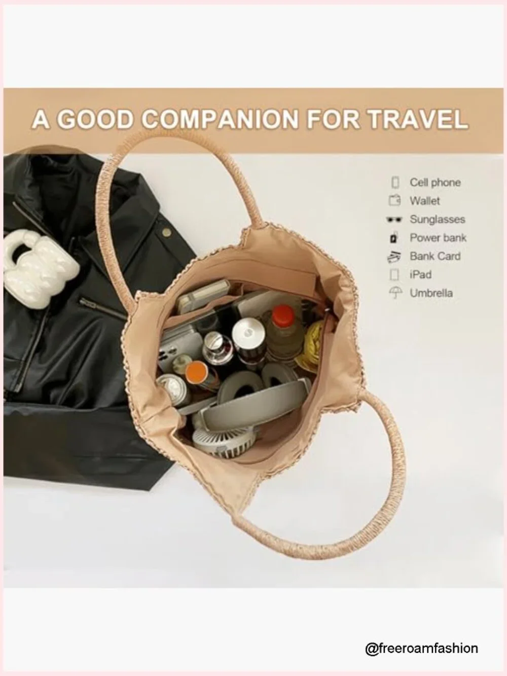 Straw Tote Bag with Zipper Large Capacity Shoulder Handbag for Beach Travel - Picture 5 of 7